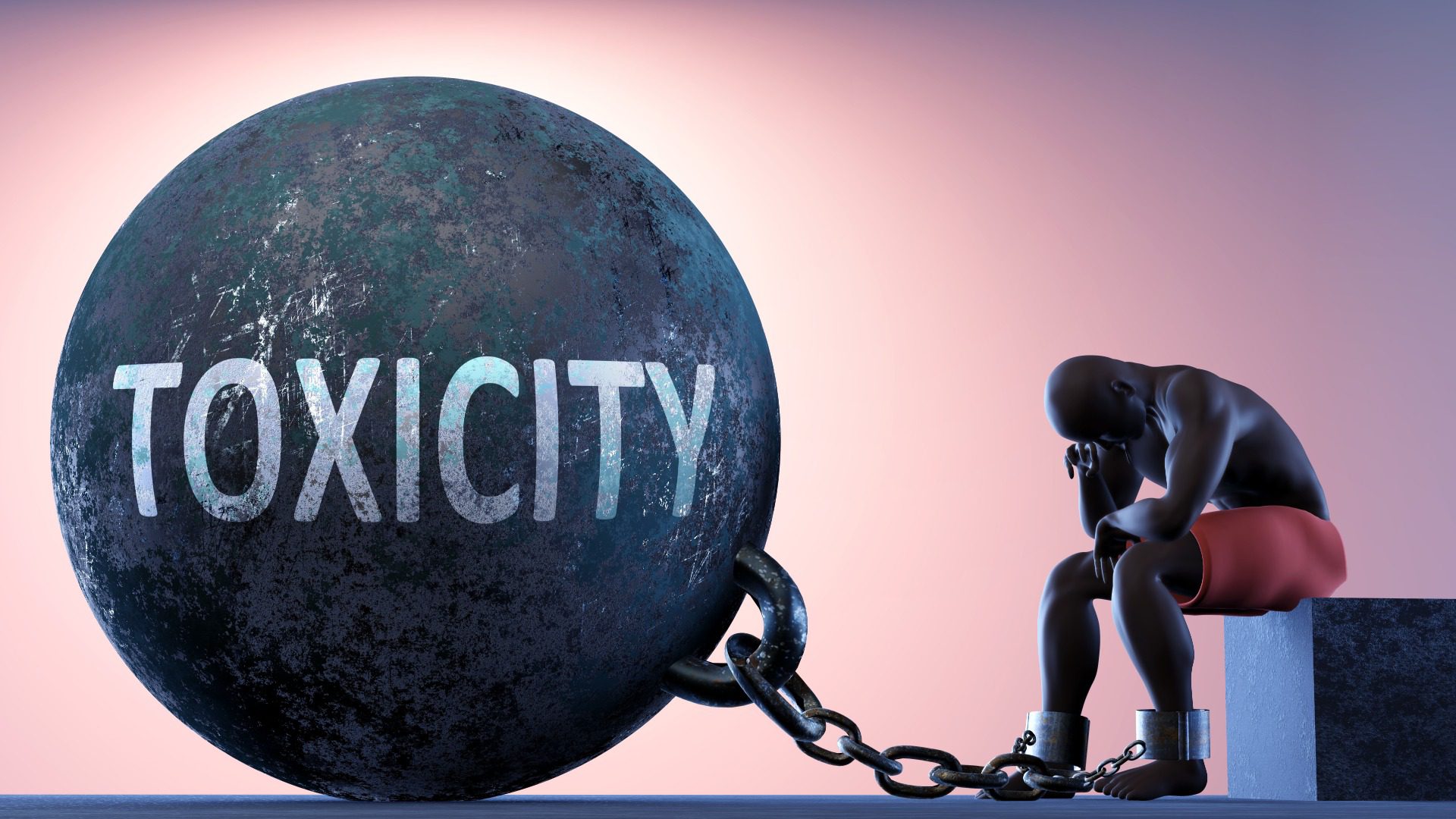 Toxicity as a heavy weight in life - symbolized by a person in chains attached to a prisoner ball to show that Toxicity can cause suffering, 3d illustration